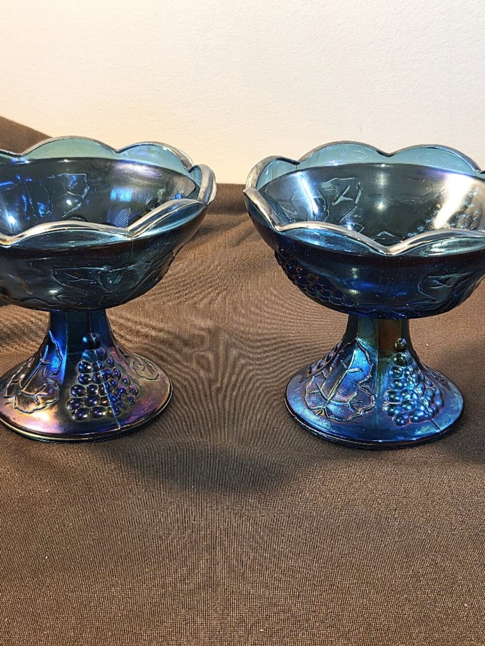 Vintage Colony Harvest Blue Carnival Glass Footed Candle Holders | Set of 2